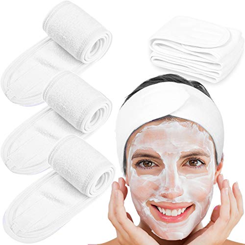 Book Cover Spa Facial Headband Whaline Head Wrap Terry Cloth Headband 4 counts Stretch Towel for Bath, Makeup and Sport (White)