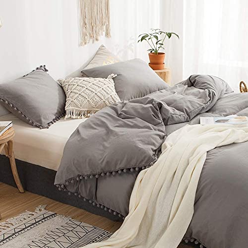 MOVE OVER Gray Bedding Light Grey Boho Duvet Cover Set Queen 3 Pieces Ball Tassel Fringe Design Soft Boho Farmhouse Bedding Set 1 Duvet Cover 2 Pillowcases(Queen, Light Grey)