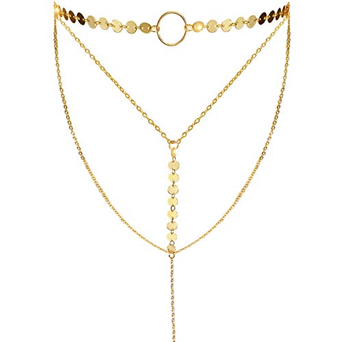 Suyi Stylish Layered Sequins Choker Necklace with Thin Long Chian Pendant for Women Lady Girl