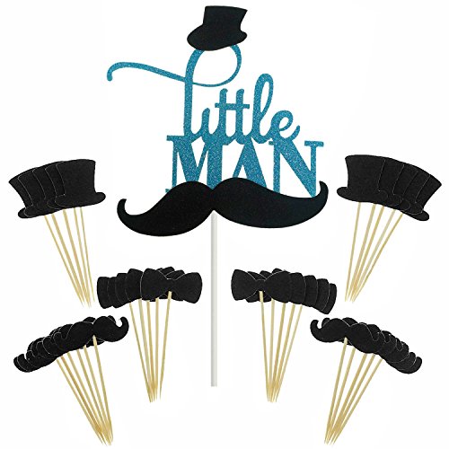 JCKEL Shxstore Little Man Cake Topper Mini Mustache Hat Bowtie Cupcake Picks for Baby Shower Birthday Party Decorations Supplies, 31 Counts