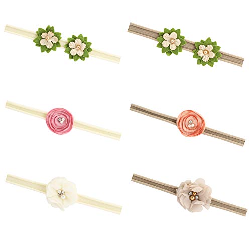 Jiaqee Baby Girl Headband Set - 6 Pcs Crystal Pearls Flower Soft Elastic Nylon HairBand Hair Ties For Toddler Gift