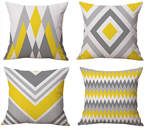Book Cover BLUETTEK Modern Simple Geometric Style Cotton Linen Burlap Square Throw Pillow Covers, 18 x 18 Inches, Set of 4 (Yellow-Gray)