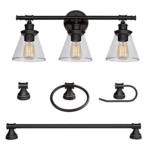 Book Cover Globe Electric 50192 Parker 5-Piece All-in-One Bathroom Set, Oil Rubbed Bronze, 3-Light Vanity Light with Clear Glass Shades, Towel Bar, Towel Ring, Robe Hook, Toilet Paper Holder