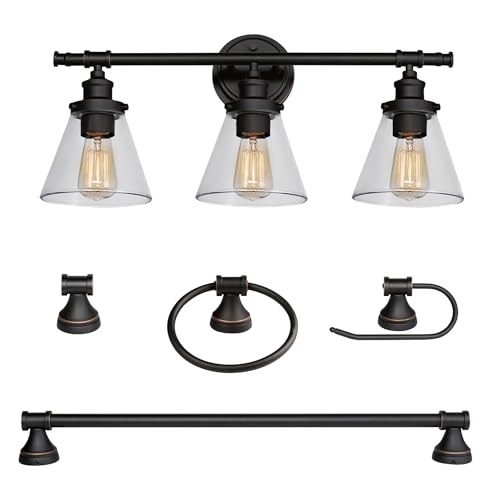 Globe Electric 50192 Parker 5-Piece All-In-One Bathroom Set, Oil Rubbed Bronze, 3-Light Vanity Light with Clear Glass Shades, Towel Bar, Towel Ring, Robe Hook, Toilet Paper Holder, Oil-rubbed Bronze