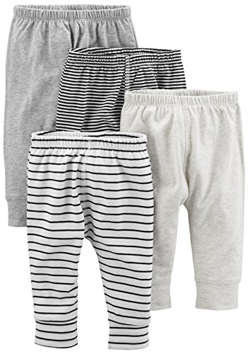 Simple Joys by Carter's Baby Boys' Pant, Pack of 4, Black Mini Stripe/Grey/Light Grey/White Stripe, 6-9 Months
