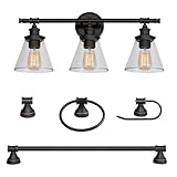 Globe Electric 50192 Parker 5-Piece All-In-One Bathroom Set, Oil Rubbed Bronze, 3-Light Vanity Light with Clear Glass Shades, Towel Bar, Towel Ring, Robe Hook, Toilet Paper Holder, Oil-rubbed Bronze
