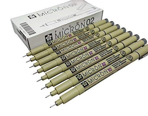 Sakura Pigma Micron drawing pens 02 Black ink, Line Width 0.3mm - 8 pack of Micron 02 black