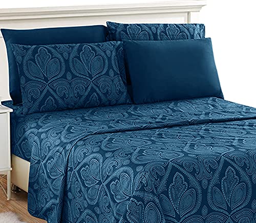 Book Cover LDC King Bed Sheets Set - King Sheets Brushed Microfiber 1800 Thread Count Bedding - Wrinkle, Stain, Fade Resistant - Deep Pocket King Size Sheets Set - 6 PC (King, Paisley Navy Blue)