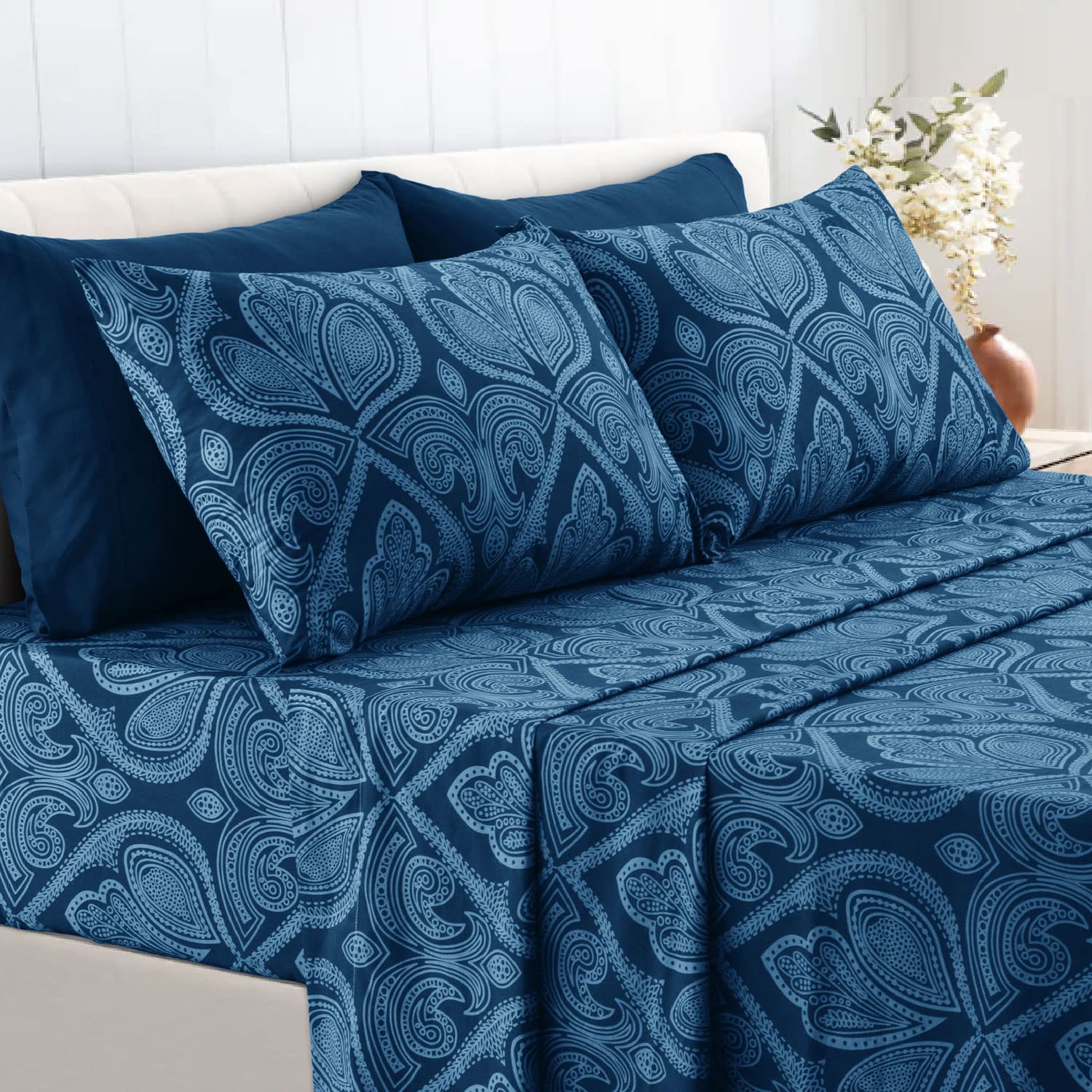 Book Cover LDC Queen Bed Sheets Set -Queen Sheets Brushed Microfiber 1800 Thread Count Bedding -Wrinkle, Stain, Fade Resistant-Deep Pocket Queen Size Sheets Set - 6 PC(Queen, Paisley Navy Blue)