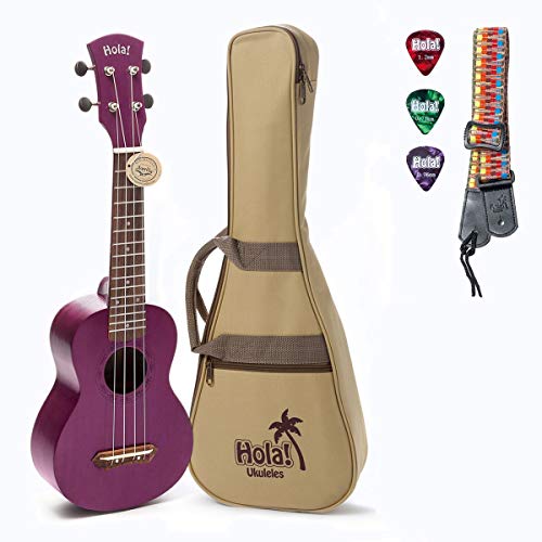 Book Cover Hola! Music HM-121PP+ Deluxe Mahogany Soprano Ukulele Bundle with Aquila Strings, Padded Gig Bag, Strap and Picks - Purple