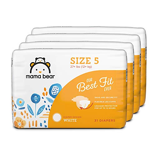 Book Cover Amazon Brand - Mama Bear Best Fit Diapers Size 5, 124 Count, White Print (4 packs of 31) [Packaging May Vary]