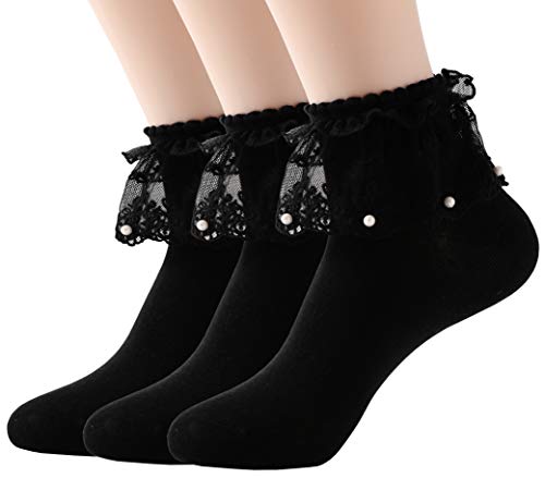 SRYL Women Ankle Socks, Pearls Lace Ruffle Frilly Comfortable Cute Cotton Socks Ladies Girl Princess Lace Socks, H06