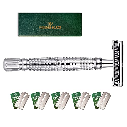 Book Cover Double Edge Safety Razor by VIKINGS BLADE, Long Handle, Swedish Steel Blades Pack + Luxury Case. Twist to Open, Heavy Duty, Reduces Razor Burn, Smooth, Close, Clean Shave (Model: The Vulcan)