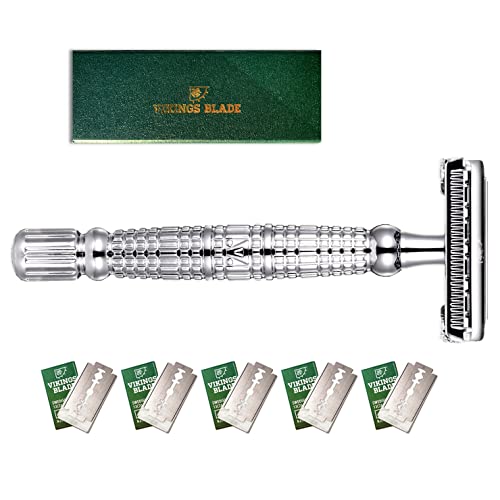 Double Edge Safety Razor by VIKINGS BLADE, Long Handle, Swedish Steel Blades Pack + Luxury Case. Twist to Open, Heavy Duty, Reduces Razor Burn, Smooth, Close, Clean Shave (Model: The Vulcan)