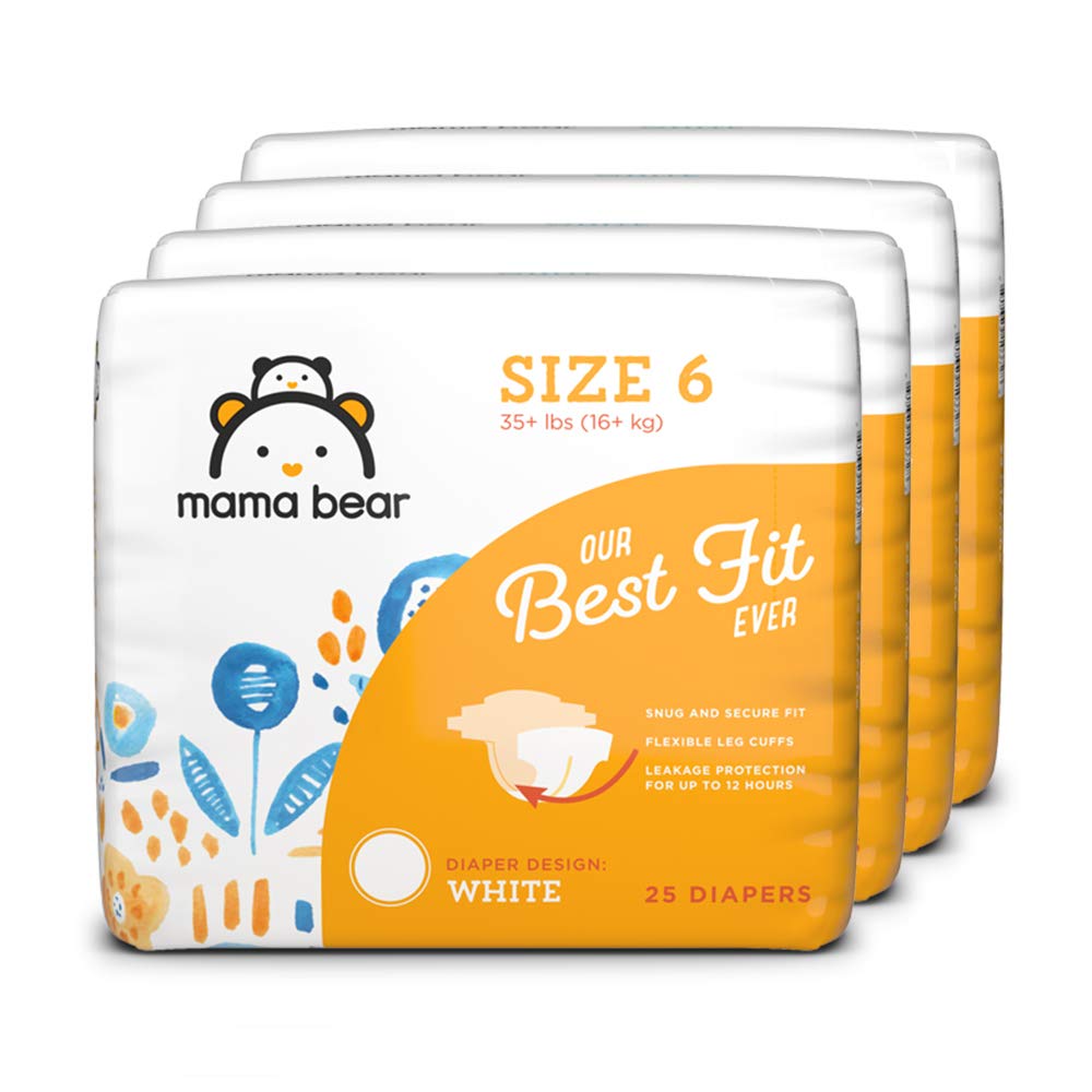 Book Cover Amazon Brand - Mama Bear Best Fit Diapers Size 6, 100 Count, White Print (4 packs of 25) [Packaging May Vary]