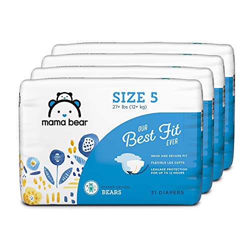Amazon Brand - Mama Bear Best Fit Diapers Size 5, 124 Count, Bears Print (4 packs of 31) [Packaging May Vary]