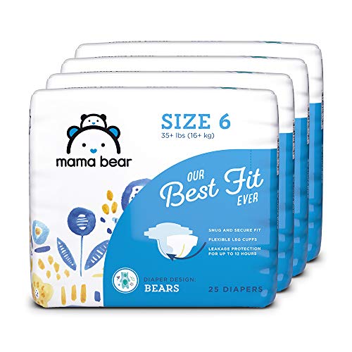 Amazon Brand - Mama Bear Best Fit Diapers Size 6, 100 Count, Bears Print (4 packs of 25) [Packaging May Vary]