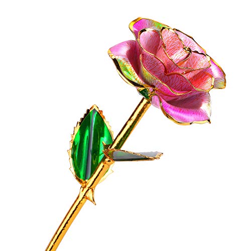 24k Gold Rose Flower with Long Stem Rose Dipped in Gold Gift for Women Girls on Birthday, Valentine's Day, Mother's Day, Christmas (Pink+Green)