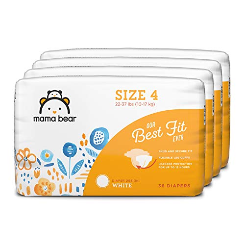 Amazon Brand - Mama Bear Best Fit Diapers Size 4, 144 Count, White Print (4 packs of 36) [Packaging May Vary]