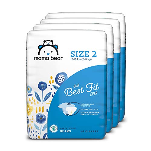 Amazon Brand - Mama Bear Best Fit Diapers Size 2, 184 Count, Bears Print (4 packs of 46) [Packaging May Vary]