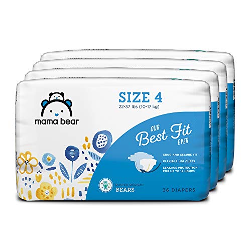 Amazon Brand - Mama Bear Best Fit Diapers Size 4, 144 Count, Bears Print (4 packs of 36) [Packaging May Vary]