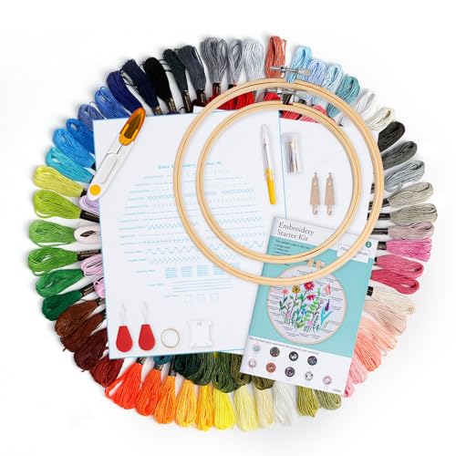 Caydo Embroidery Kit with Water Soluble Embroidery Stabilizer Including 2Pcs Embroidery Hoops, 100 Color Threads, Embroidery Fabric, and Cross Stitch Tool Embroidery Starter Kits for Adults Beginners