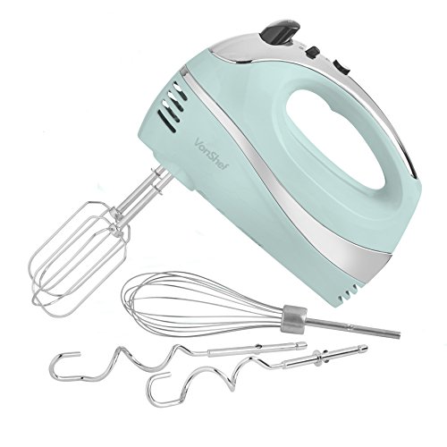 Book Cover VonShef BLUE 250W Hand Mixer Whisk With Chrome Beater, Dough Hook, 5 Speed and Turbo Button + Balloon Whisk