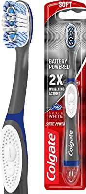 Book Cover Colgate 360 Optic White Sonic Battery Power Toothbrush with Tongue and Cheek Cleaner, Soft