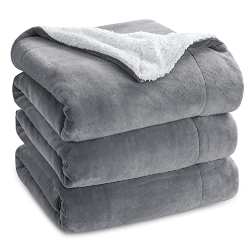 Book Cover Bedsure Sherpa Fleece Queen Size Blankets for Bed - Thick and Warm Blankets for All Seasons, Soft and Fuzzy Blanket Queen Size, Grey, 90x90 Inches