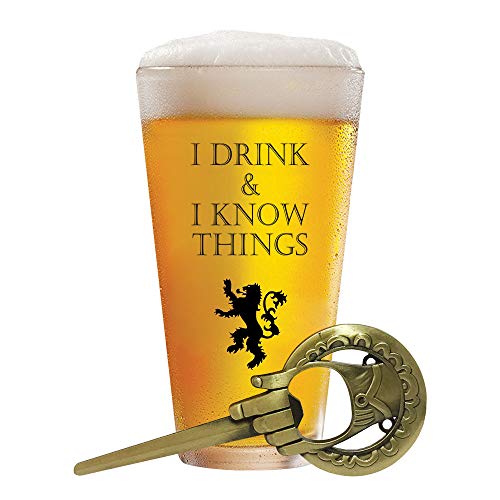 Book Cover Desired Cart I Drink and I Know Things 17 oz Beer Glass + FREE - Hand Of The King Bottle Opener Made In Casterly Rock – Game Of Thrones & House of the Dragon Inspired – Mother Of Dragons GoT Gift