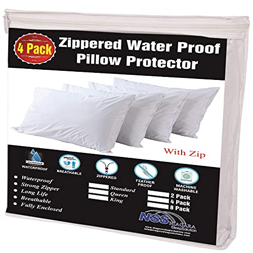 Book Cover Niagara Sleep Solution 4 Pack Waterproof Pillow Protectors Standard 20x26 Inches Life Time Replacement Smooth Zipper Premium Encasement Covers Quiet Cases Set White 100% Liquid Protection