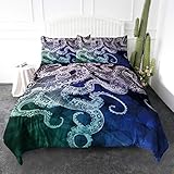 ARIGHTEX Octopus Duvet Cover Geometric Design 3D Octopus Bedding Set Nautical Ocean Blue Bed Linen Duvet Cover Set (Queen)