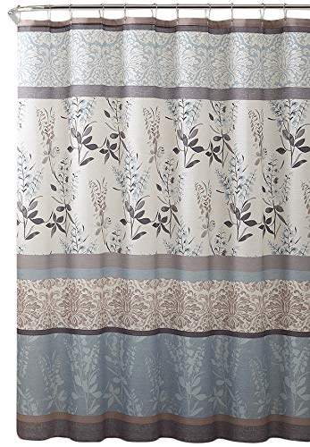 Book Cover Serafina Home Light Blue Beige Grey Fabric Shower Curtain for Bathroom: Contemporary Floral Bordered Damask Design
