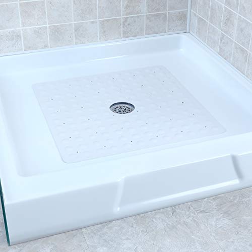 SlipX Solutions Square Natural Rubber Shower Stall Mat, 21” x 21”, Non Slip Safety, Built-in Product Protection, 140 Power Grip Suction Cups, Center Drain Hole, White