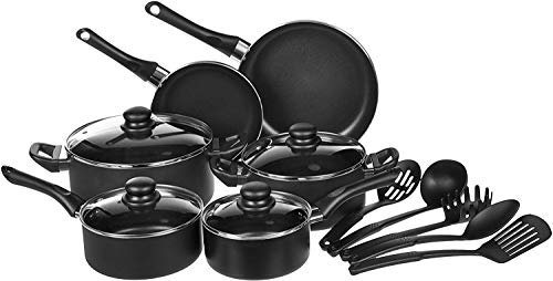 Amazon Basics Non Stick Kitchen Cookware 15-Piece Set, Non-Induction, Includes Pots, Pans, and Utensils, Black
