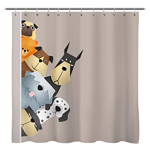 Book Cover Sunlit Peekaboo Cute Dogs Curious Cartoon Puppy Fabric Shower Curtain for Kids Dogs Lover PVC-Free Odorless Taupe Beige Brown Tawny with Dalmatian Bulldog Pug Poodle Beagle