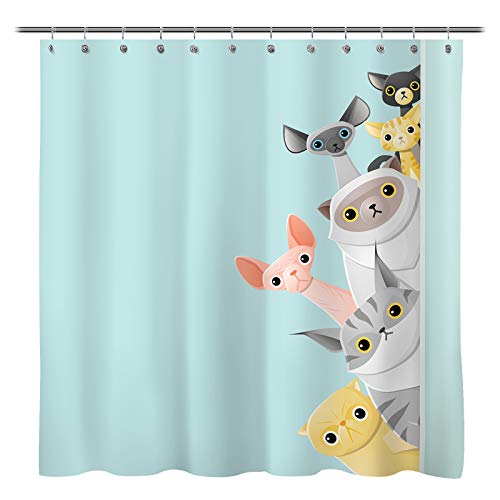 Sunlit Cute Striped Shorthair Peekaboo Cats Cartoon Shower Curtain for Kids Cat lover,Funny Curious Kitten Pussy Fabric Bathroom Decor Set with Hooks, Turquoise Aqua Blue, PVC-Free Odorless.