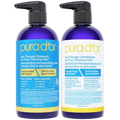 PURA D'OR Hair Thinning Therapy Biotin Shampoo and Conditioner Set, CLINICALLY TESTED Proven Results, DHT Blocker Hair Thickening Products For Women & Men, Natural Routine Shampoo, Color Safe, 16oz x2