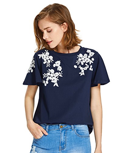 Floerns Women's Flower Embroidered Flutter Short Sleeve T-Shirts