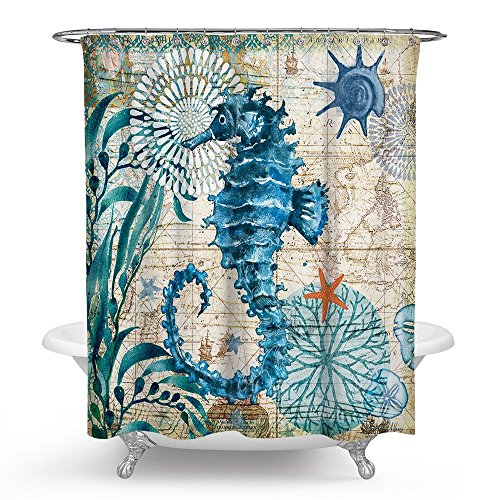 ECONIE Sea Horse Shower Curtain Ocean Animal Waterproof Polyester Blackout Draperies Window Solid Grommet with 12 Hooks for Bedroom Living Bathroom 71 x 71(10)