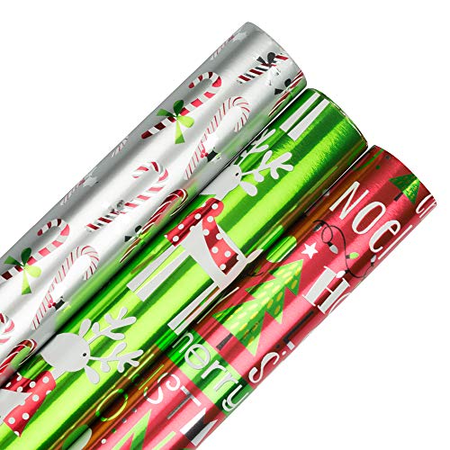 Book Cover JAM PAPER Assorted Gift Wrap - Christmas Foil Wrapping Paper - 6.96 Sq M Total - Holiday Jingle Set - 3 Rolls/Pack