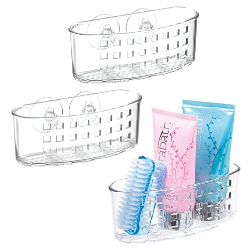 mDesign Plastic Suction Shower Caddy Storage Basket - Soap and Sponge Holder for Bathroom Organization of Body Wash, Loofahs, Razors, Small Shampoo and Conditioner Bottles, Bath Bombs - 3 Pack - Clear