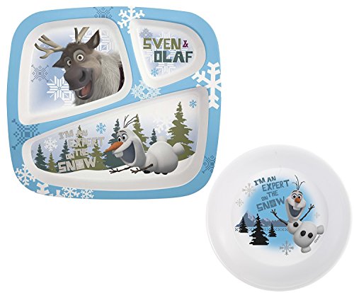 Book Cover Zak Designs Frozen Olaf Melamine Bowl & Olaf/Sven 3-Section Melamine Plate (Plate & Bowl, Frozen Girl & Olaf)