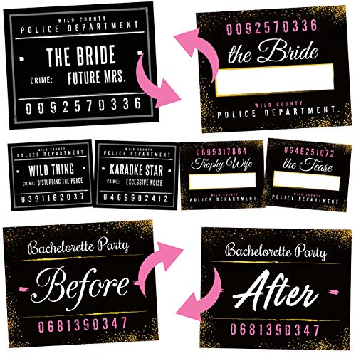 Bachelorette Party Mugshot Signs - Girls Night Out, Birthday, Wedding & Bachelorette Party Supplies Decorations - 21 Reversible Photo Booth Prop Signs - 42 Variations