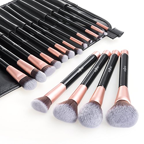 Makeup Brush Set, Anjou 16pcs Premium Cosmetic Makeup Brushes for Foundation Blending Blush Concealer Eye Shadow, Cruelty-Free Synthetic Fiber Bristles, PU Leather Roll Clutch Included, Rose Golden