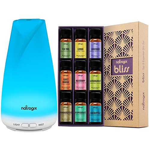 Natrogix Bliss Box - Bliss + Totem Set â€“ Including Top 9 100% Essential Oils Set (9x10ml) and 150 ML Essential Oil Diffuser â€“ Solution for Your Aromatherapy Life