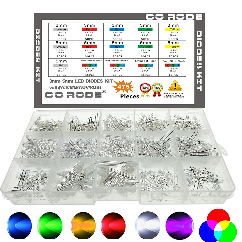 CO RODE RGB LED, 3mm 5mm LED Diode Light Kit with Color White Red Blue Green Yellow UV, Fast, Slow Flashing, RGB