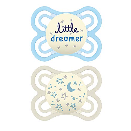 Book Cover MAM Perfect Night Pacifiers, Glow in the Dark, 0-6 Months for Baby Boy, Designs May Vary, Blue, 2 Count