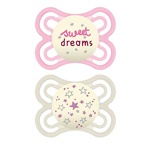 Book Cover MAM Perfect Night Pacifiers, Glow in the Dark, 0-6 Months for Baby Girl, Designs May Vary, Pink, 2 Count