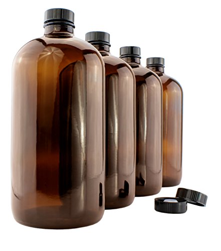32-Ounce Amber Kombucha Growler Bottles (4-Pack); 1 Quart Boston Round Glass Bottles w/ 6 Polycone Phenolic Lids for Home Brewing